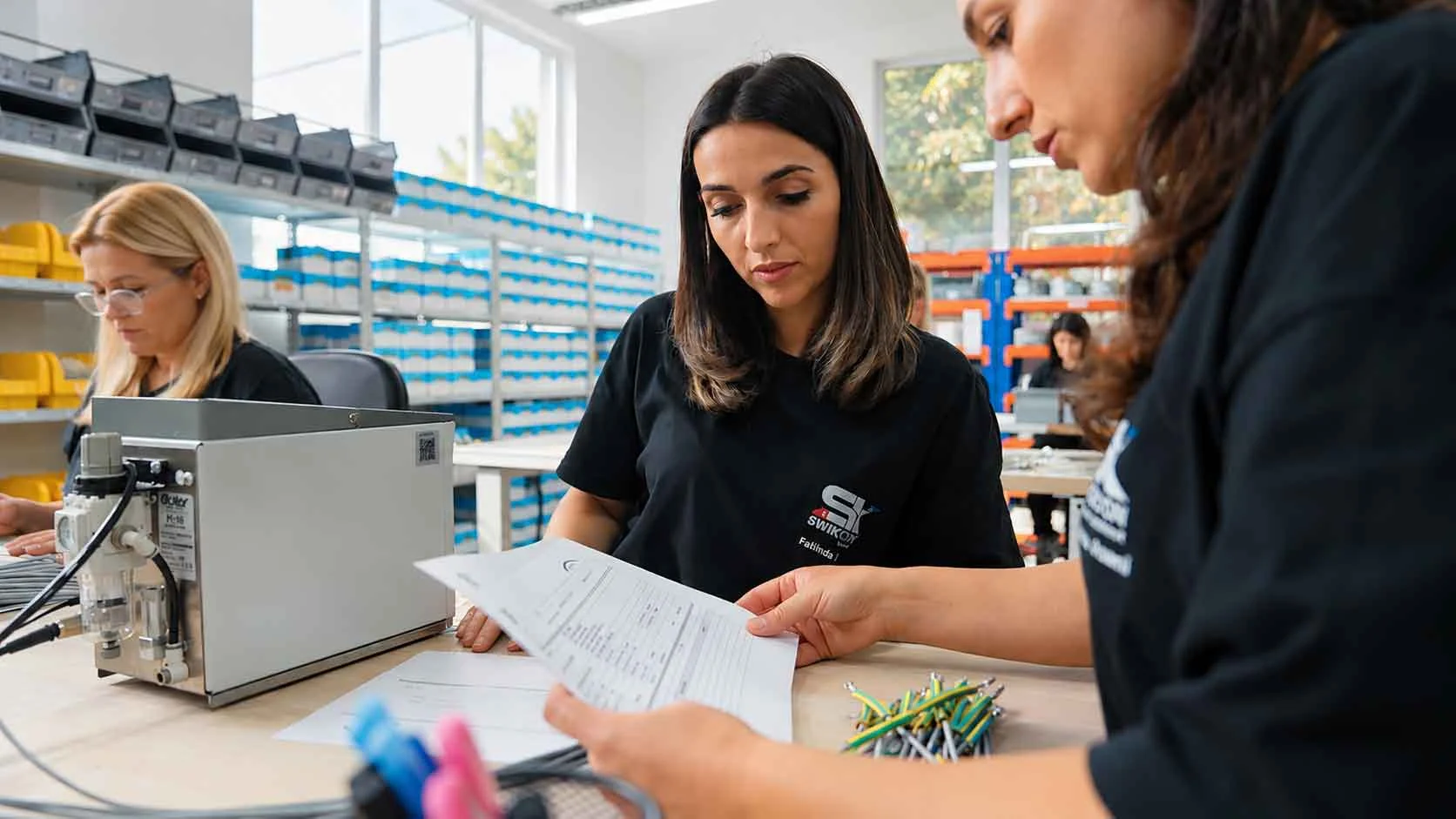 Mitarbeitende bei der Kabelkonfektion in der Produktion von SwiKosCon